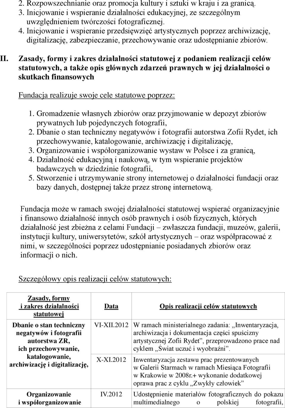 Zasady, formy i zakres działalności statutowej z podaniem realizacji celów statutowych, a także opis głównych zdarzeń prawnych w jej działalności o skutkach finansowych Fundacja realizuje swoje cele