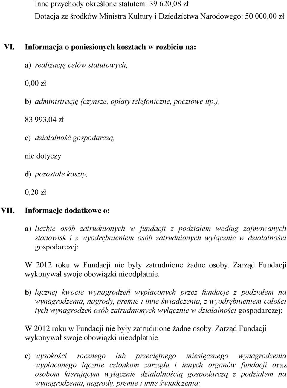 ), 83 993,04 zł c) działalność gospodarczą, nie dotyczy d) pozostałe koszty, 0,20 zł VII.