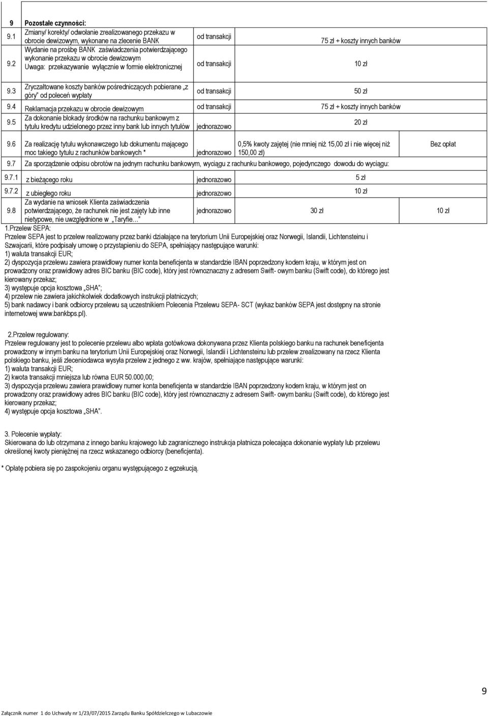 2 Uwaga: przekazywanie wyłącznie w formie elektronicznej 75 zł + koszty innych banków 10 zł 9.3 Zryczałtowane koszty banków pośredniczących pobierane z góry od poleceń wypłaty 9.
