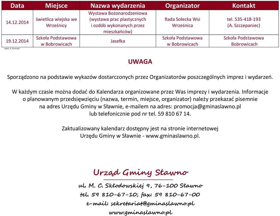 Organizatorów poszczególnych imprez i wydarzeń. W każdym czasie można dodać do Kalendarza organizowane przez Was imprezy i wydarzenia.