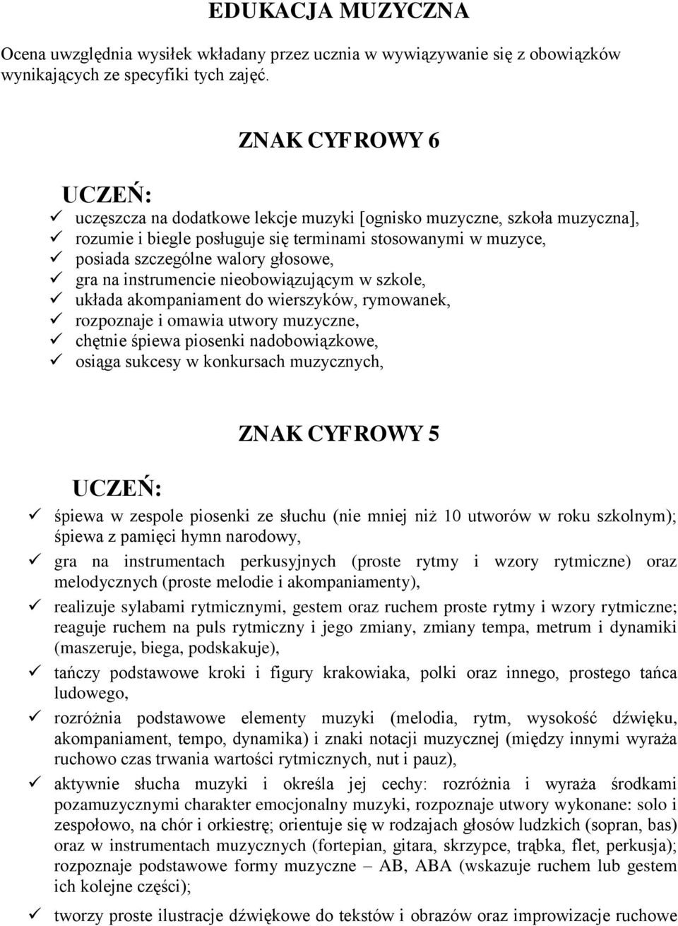 instrumencie nieobowiązującym w szkole, układa akompaniament do wierszyków, rymowanek, rozpoznaje i omawia utwory muzyczne, chętnie śpiewa piosenki nadobowiązkowe, osiąga sukcesy w konkursach