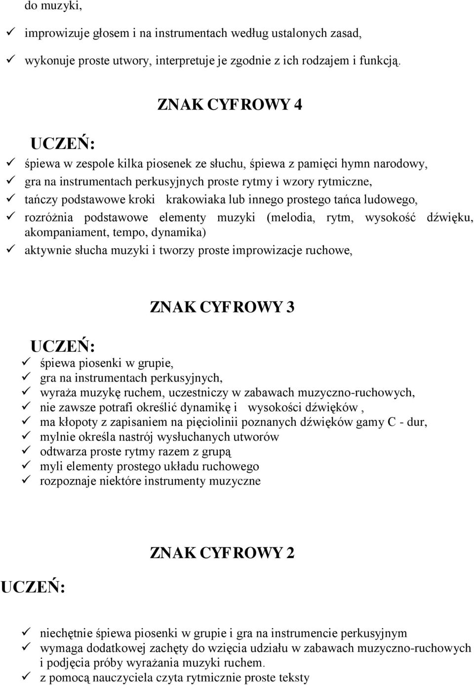 innego prostego tańca ludowego, rozróżnia podstawowe elementy muzyki (melodia, rytm, wysokość dźwięku, akompaniament, tempo, dynamika) aktywnie słucha muzyki i tworzy proste improwizacje ruchowe,