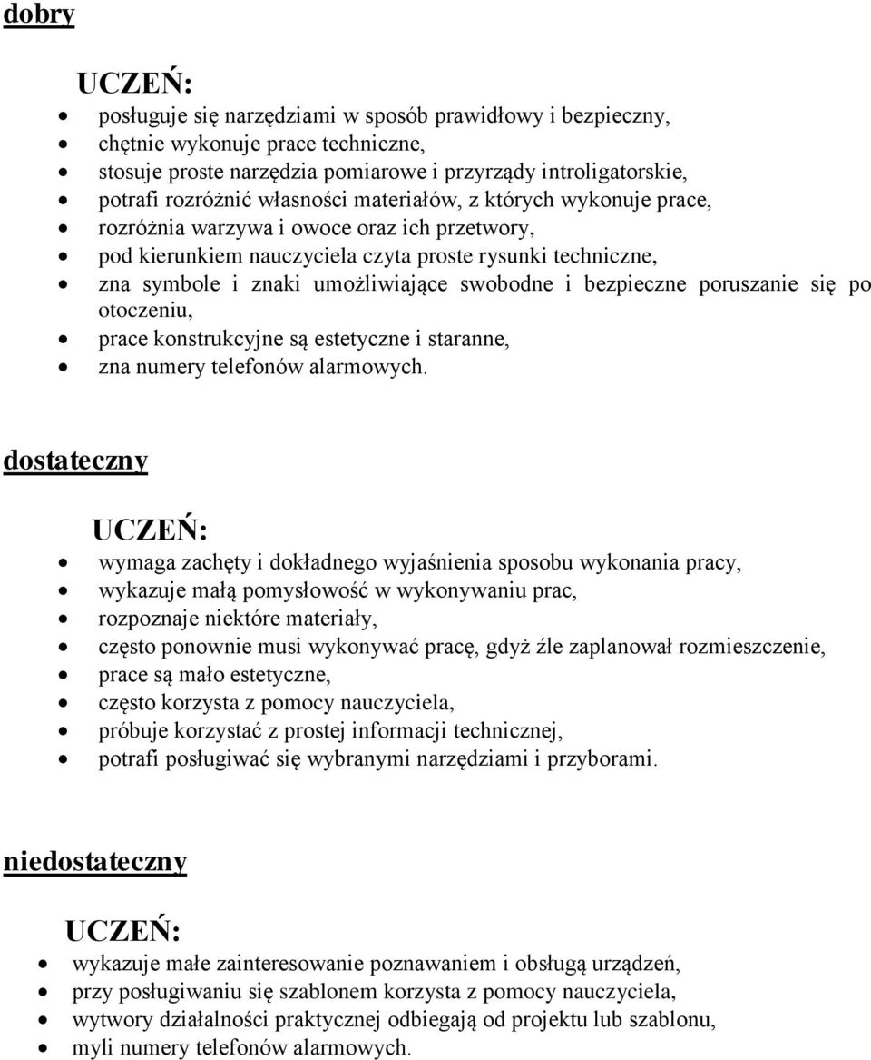 poruszanie się po otoczeniu, prace konstrukcyjne są estetyczne i staranne, zna numery telefonów alarmowych.