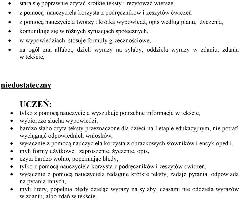 niedostateczny tylko z pomocą nauczyciela wyszukuje potrzebne informacje w tekście, wybiórczo słucha wypowiedzi, bardzo słabo czyta teksty przeznaczone dla dzieci na I etapie edukacyjnym, nie potrafi