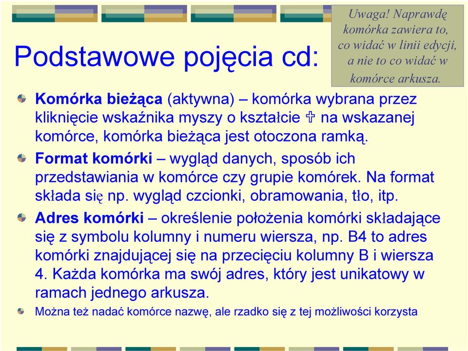 Format komórki wygląd danych, sposób ich przedstawiania w komórce czy grupie komórek. Na format składa się np. wygląd czcionki, obramowania, tło, itp.