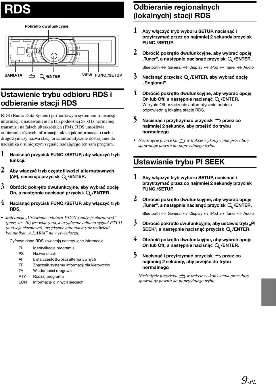 /SETUP Ustawienie trybu odbioru RDS i odbieranie stacji RDS RDS (Radio Data System) jest radiowym systemem transmisji informacji z nadawaniem na fali podnośnej 57 khz normalnej transmisji na falach