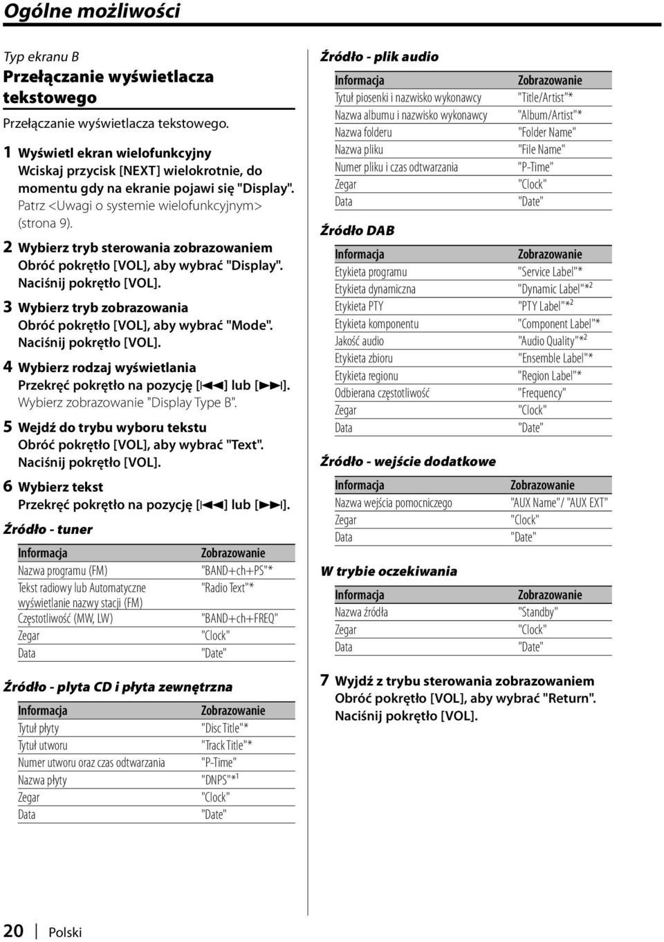 2 Wybierz tryb sterowania zobrazowaniem Obróć pokrętło [VOL], aby wybrać "Display". 3 Wybierz tryb zobrazowania Obróć pokrętło [VOL], aby wybrać "Mode".