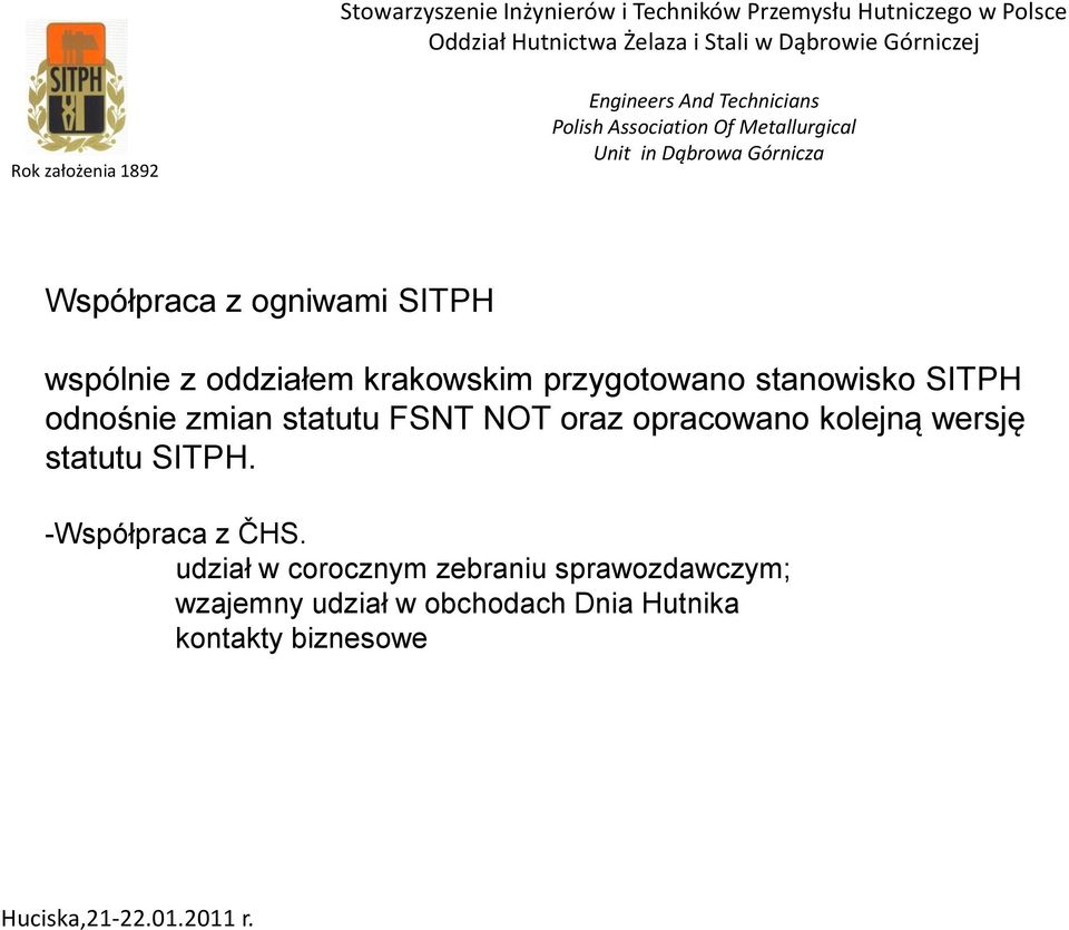 oraz opracowano kolejną wersję statutu SITPH. -Współpraca z ČHS.
