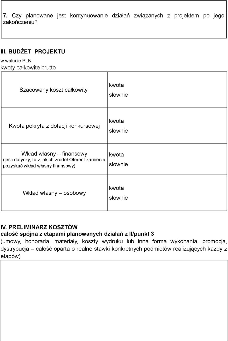 dotyczy, to z jakich źródeł Oferent zamierza pozyskać wkład własny finansowy) Wkład własny osobowy IV.