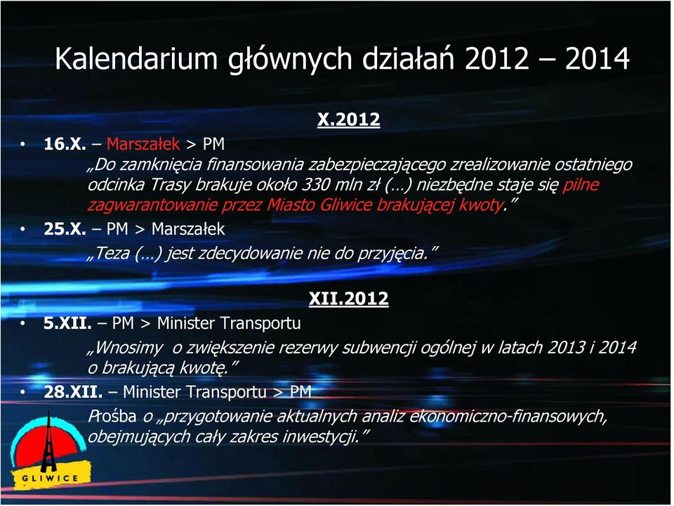 Marszałek > PM Do zamknięcia finansowania zabezpieczającego zrealizowanie ostatniego odcinka Trasy brakuje około 330 mln zł ( ) niezbędne staje się