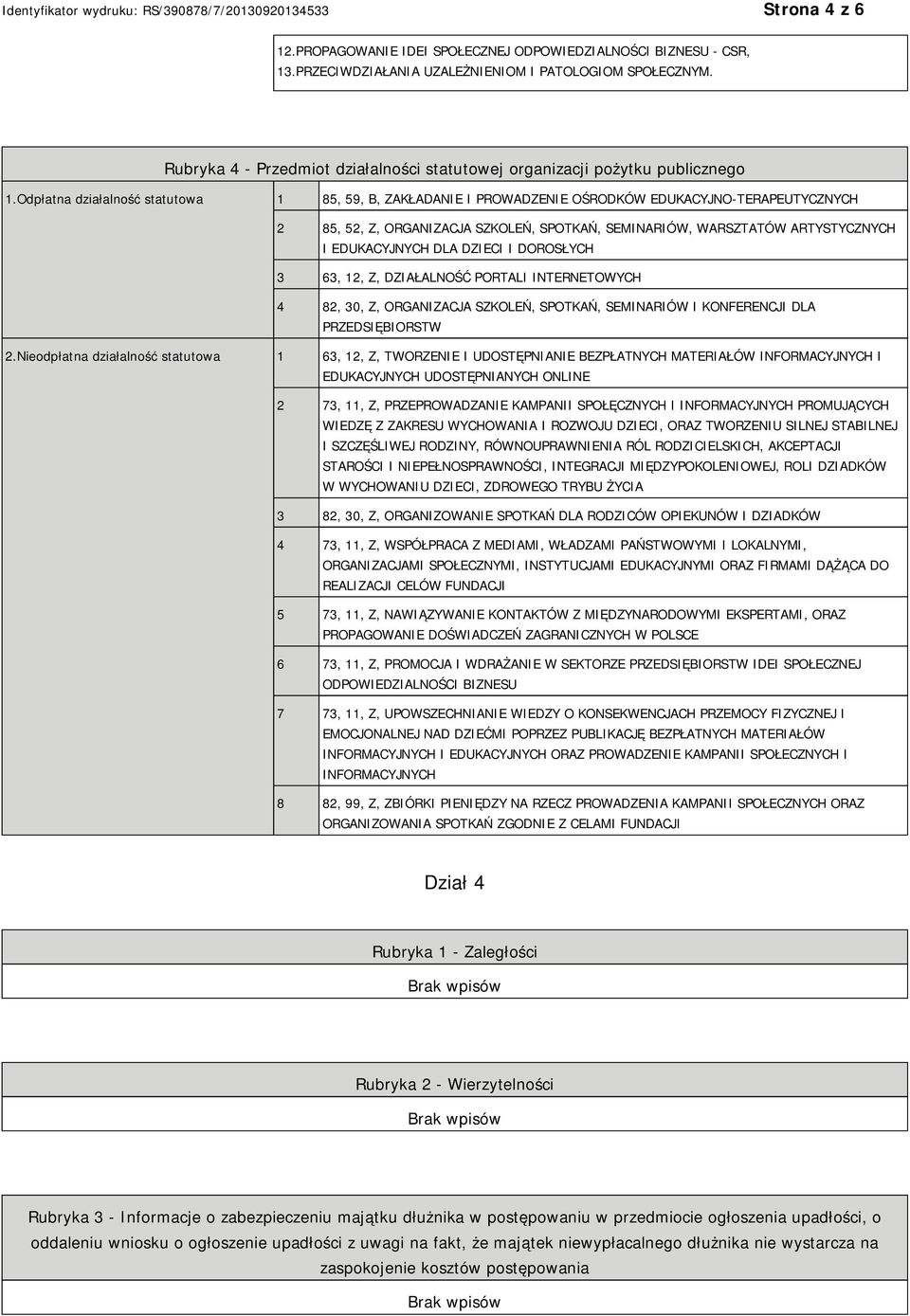 Odpłatna działalność statutowa 1 85, 59, B, ZAKŁADANIE I PROWADZENIE OŚRODKÓW EDUKACYJNO-TERAPEUTYCZNYCH 2 85, 52, Z, ORGANIZACJA SZKOLEŃ, SPOTKAŃ, SEMINARIÓW, WARSZTATÓW ARTYSTYCZNYCH I EDUKACYJNYCH