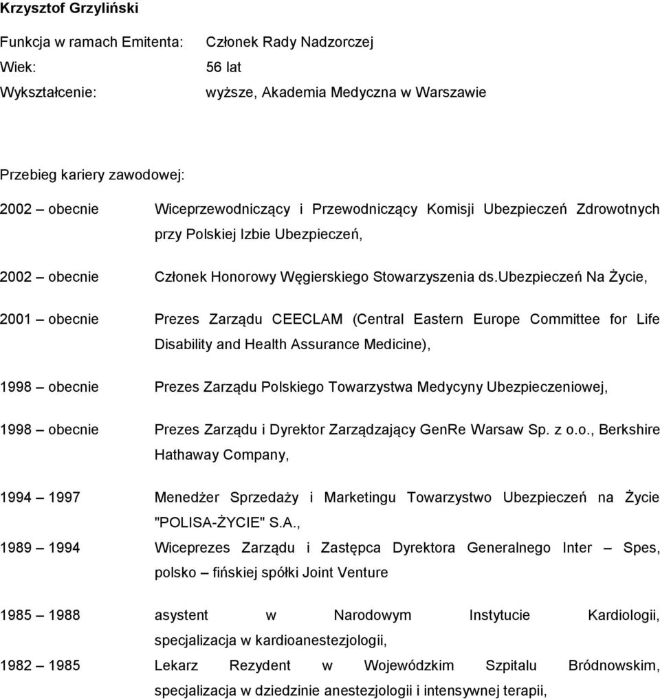 ubezpieczeń Na Życie, 2001 obecnie Prezes Zarządu CEECLAM (Central Eastern Europe Committee for Life Disability and Health Assurance Medicine), 1998 obecnie Prezes Zarządu Polskiego Towarzystwa