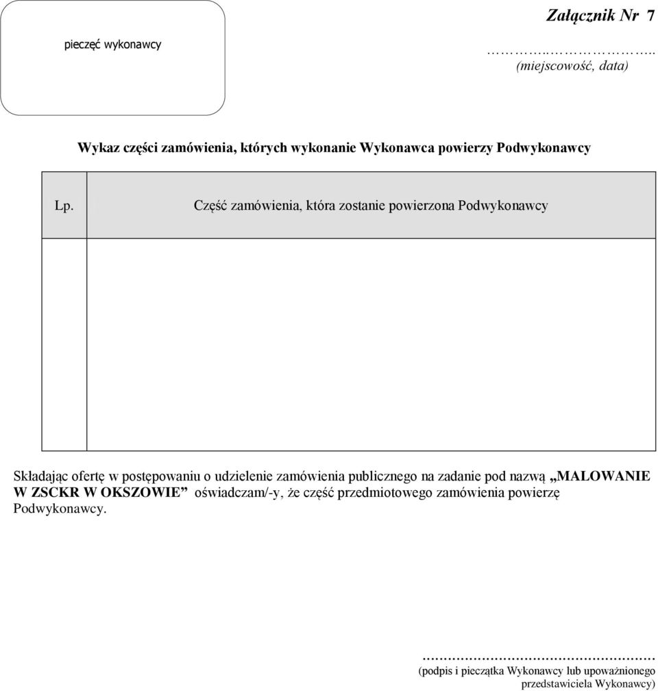 Część zamówienia, która zostanie powierzona Podwykonawcy Składając ofertę w postępowaniu o udzielenie zamówienia