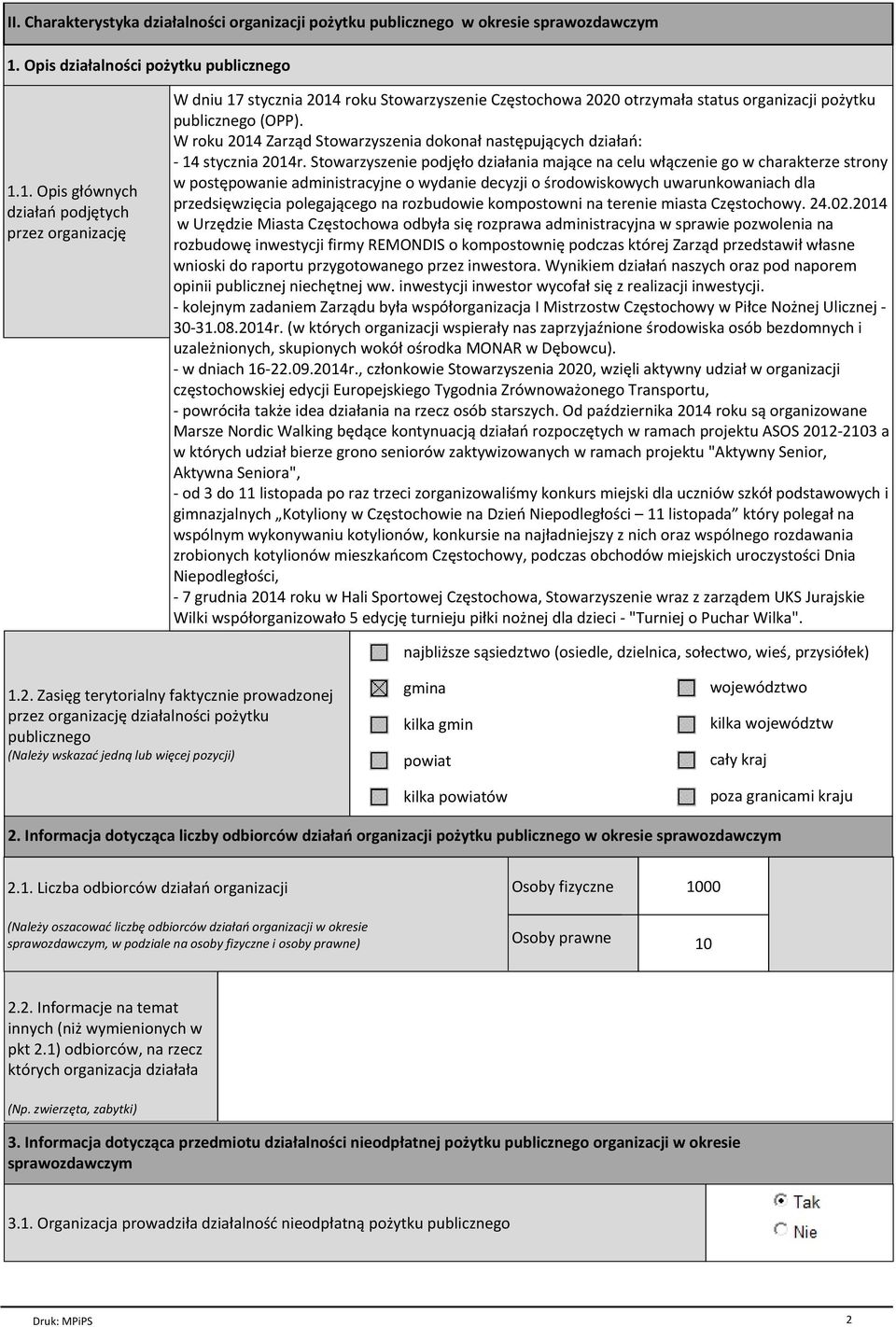 1. Opis głównych działań podjętych przez organizację W dniu 17 stycznia 2014 roku Stowarzyszenie Częstochowa 2020 otrzymała status organizacji pożytku publicznego (OPP).