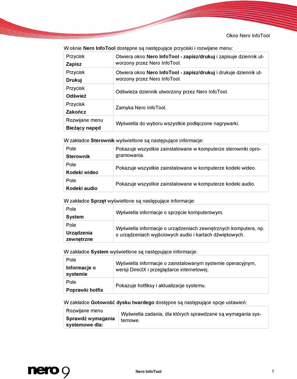 okno Nero InfoTool - zapisz/drukuj i drukuje dziennik utworzony przez Nero InfoTool. Odświeża dziennik utworzony przez Nero InfoTool. Zamyka Nero InfoTool.