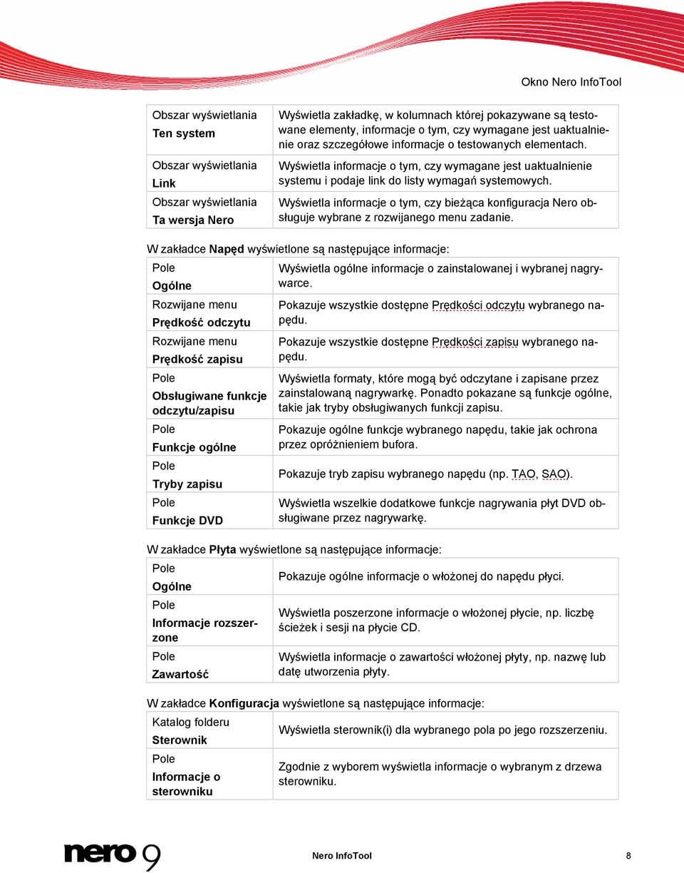 Wyświetla informacje o tym, czy wymagane jest uaktualnienie systemu i podaje link do listy wymagań systemowych.