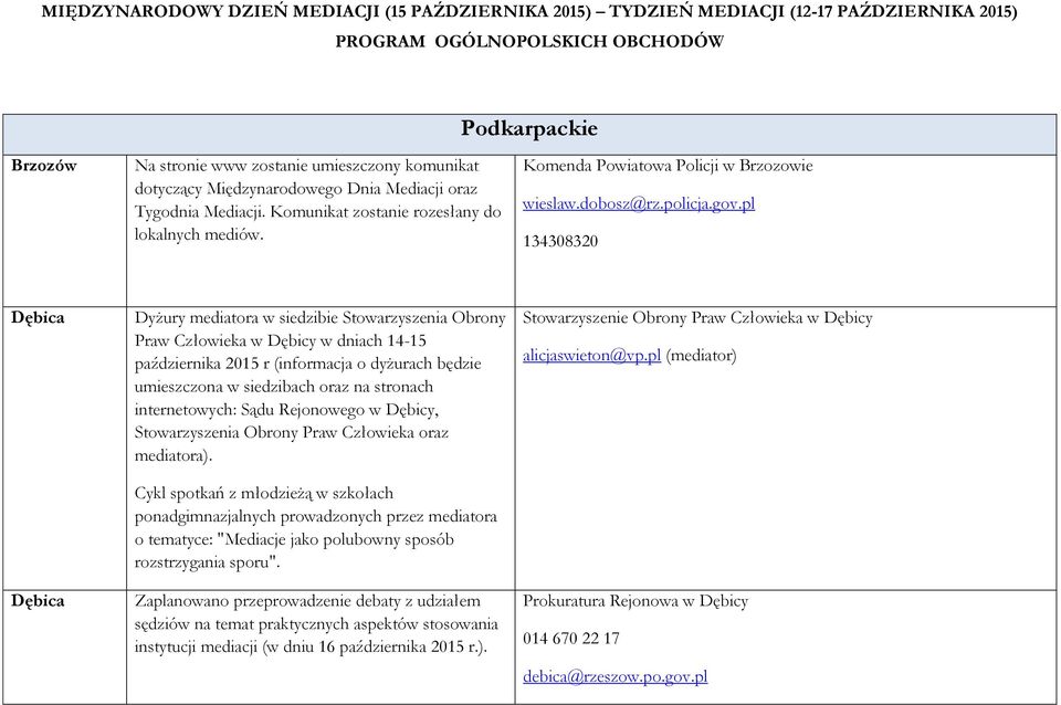 pl 134308320 Dębica Dębica Dyżury mediatora w siedzibie Stowarzyszenia Obrony Praw Człowieka w Dębicy w dniach 14-15 października 2015 r (informacja o dyżurach będzie umieszczona w siedzibach oraz na