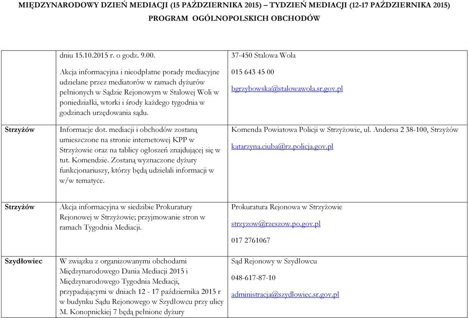 godzinach urzędowania sądu. Informacje dot. mediacji i obchodów zostaną umieszczone na stronie internetowej KPP w Strzyżowie oraz na tablicy ogłoszeń znajdującej się w tut. Komendzie.