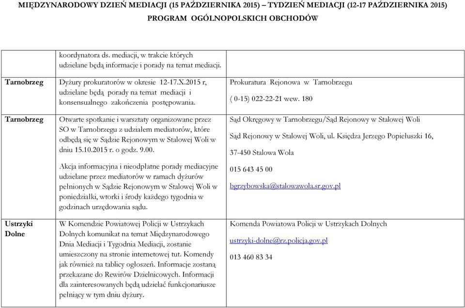 180 Tarnobrzeg Ustrzyki Dolne Otwarte spotkanie i warsztaty organizowane przez SO w Tarnobrzegu z udziałem mediatorów, które odbędą się w Sądzie Rejonowym w Stalowej Woli w dniu 15.10.2015 r. o godz.