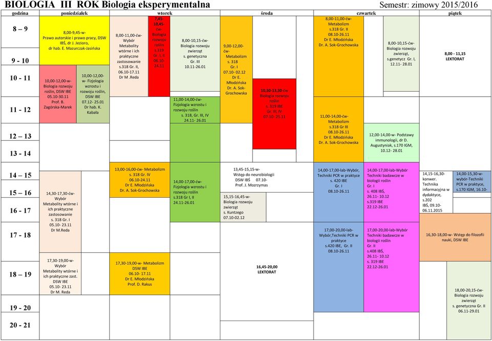 11 12.11-28.01 10.11-26.01 10,00-12,00-w- Biologia roślin, 05.10-30.11 Prof. B. Zagórska-Marek 10,00-12,00- w- Fizjologia wzrostu i roślin, 07.12-25.01 Dr hab. K.