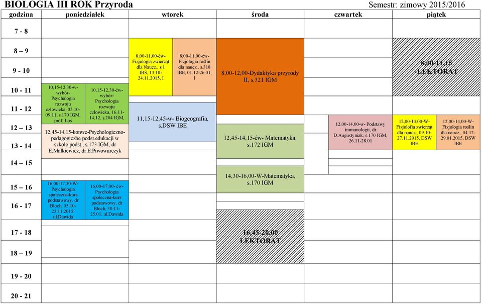 01, I 11,15-12,45-w- Biogeografia, s. 8,00-12,00-Dydaktyka przyrody II, s.321 12,45-14,15- Matematyka, s.172 12,00-14,00-w- Podstawy immunologii, dr D.Augustyniak, s.170, 26.11-28.