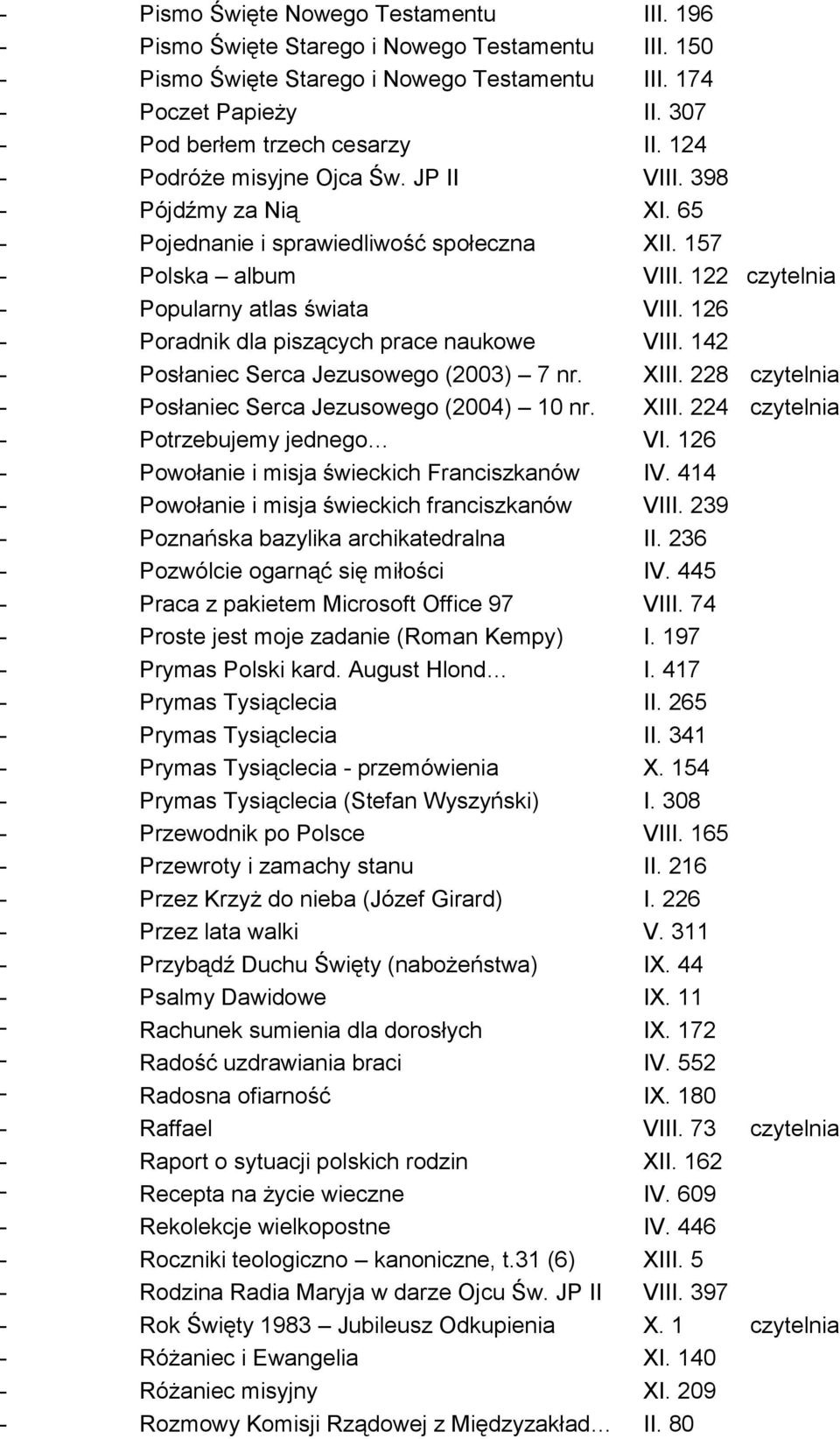 122 czytelnia - Popularny atlas świata VIII. 126 - Poradnik dla piszących prace naukowe VIII. 142 - Posłaniec Serca Jezusowego (2003) 7 nr. XIII.