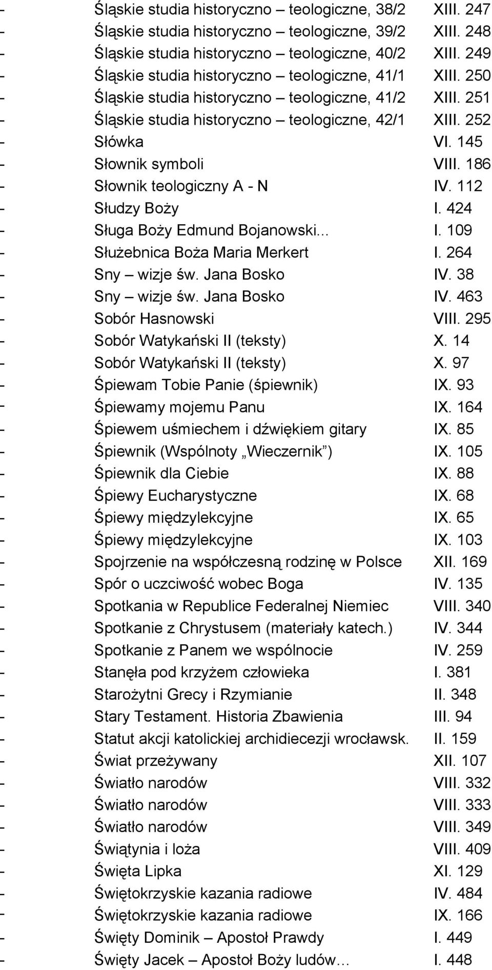 145 - Słownik symboli VIII. 186 - Słownik teologiczny A - N IV. 112 - Słudzy Boży I. 424 - Sługa Boży Edmund Bojanowski... I. 109 - Służebnica Boża Maria Merkert I. 264 - Sny wizje św. Jana Bosko IV.