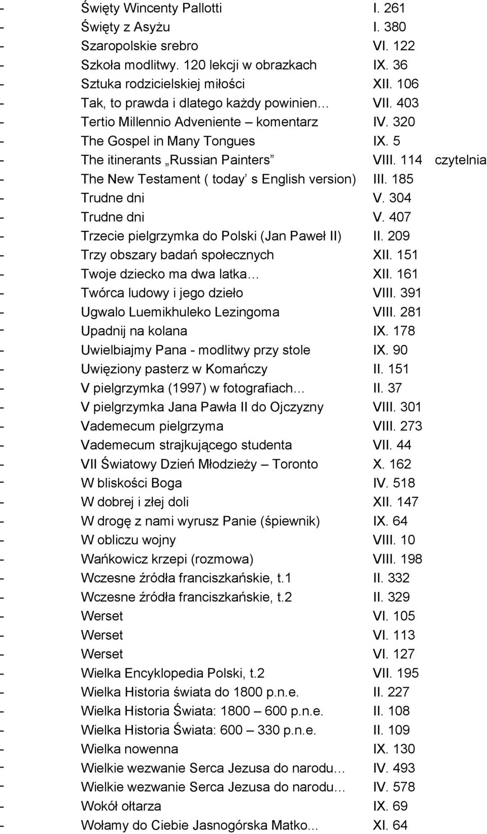 114 czytelnia - The New Testament ( today s English version) III. 185 - Trudne dni V. 304 - Trudne dni V. 407 - Trzecie pielgrzymka do Polski (Jan Paweł II) II.