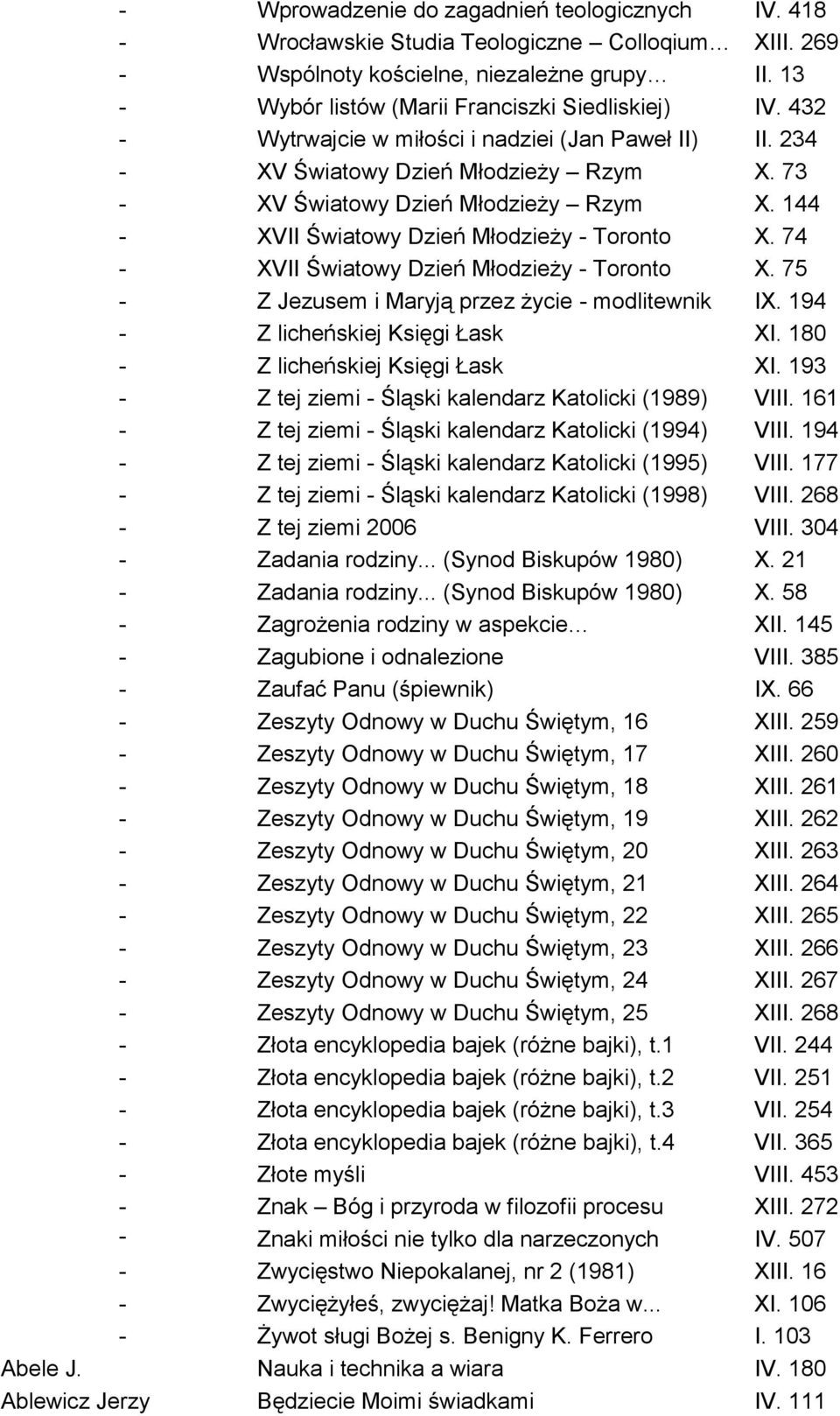 74 - XVII Światowy Dzień Młodzieży - Toronto X. 75 - Z Jezusem i Maryją przez życie - modlitewnik IX. 194 - Z licheńskiej Księgi Łask XI. 180 - Z licheńskiej Księgi Łask XI.