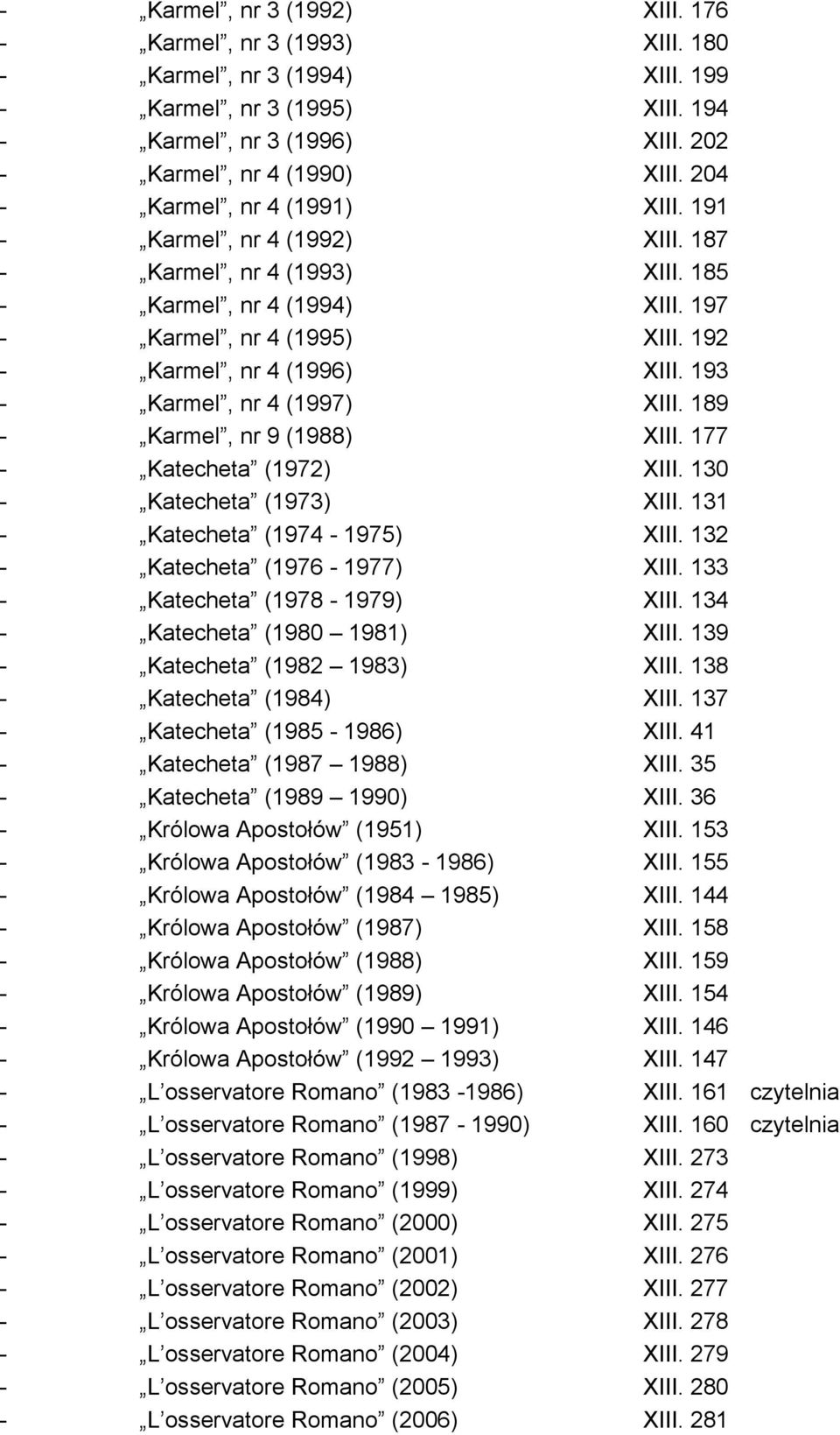 193 - Karmel, nr 4 (1997) XIII. 189 - Karmel, nr 9 (1988) XIII. 177 - Katecheta (1972) XIII. 130 - Katecheta (1973) XIII. 131 - Katecheta (1974-1975) XIII. 132 - Katecheta (1976-1977) XIII.