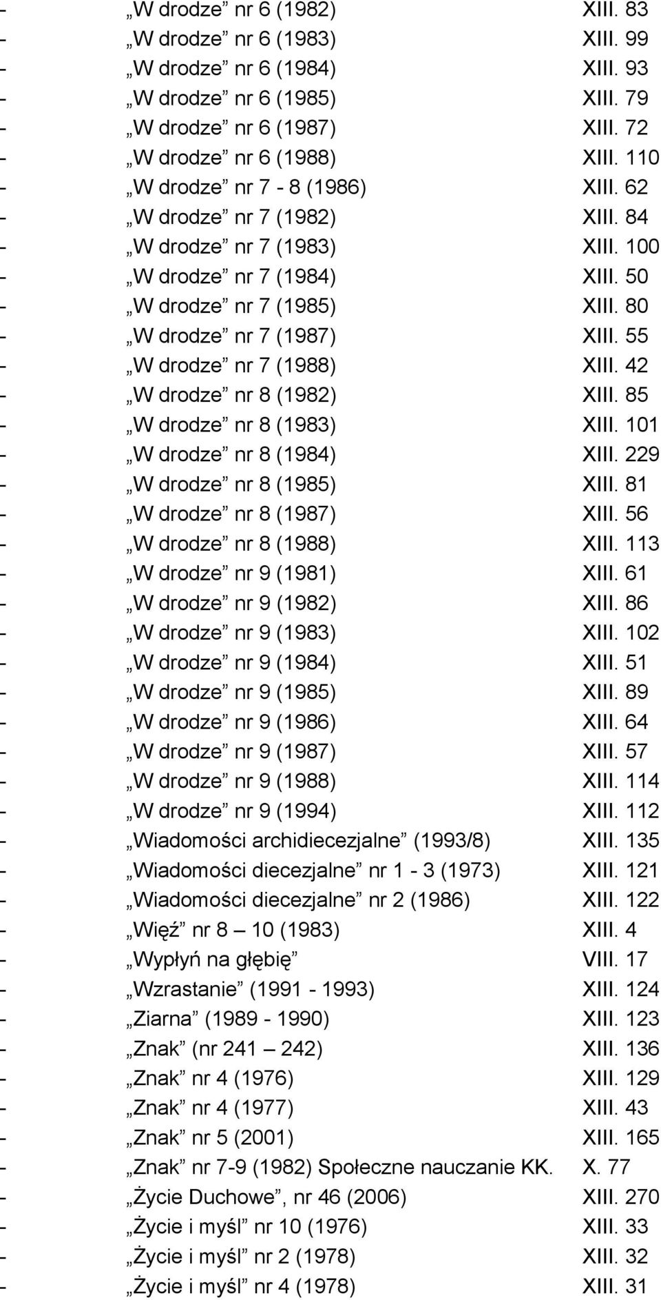 55 - W drodze nr 7 (1988) XIII. 42 - W drodze nr 8 (1982) XIII. 85 - W drodze nr 8 (1983) XIII. 101 - W drodze nr 8 (1984) XIII. 229 - W drodze nr 8 (1985) XIII. 81 - W drodze nr 8 (1987) XIII.