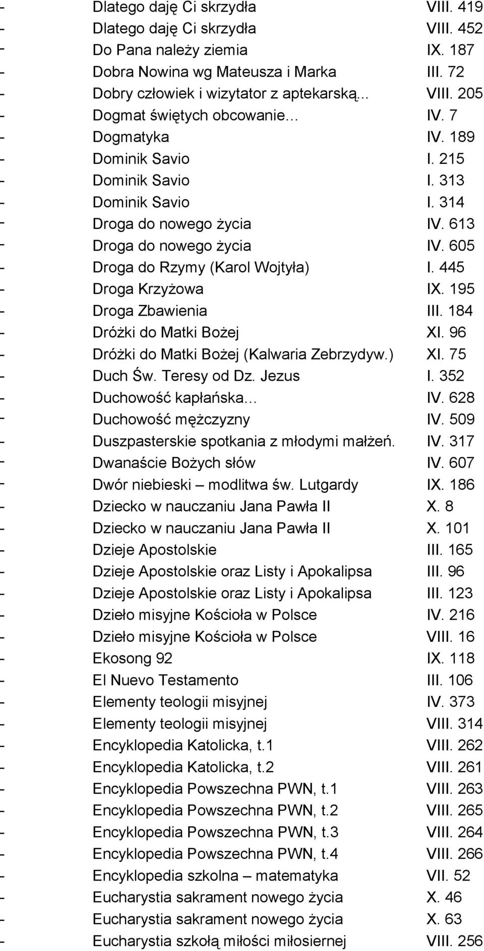 445 - Droga Krzyżowa IX. 195 - Droga Zbawienia III. 184 - Dróżki do Matki Bożej XI. 96 - Dróżki do Matki Bożej (Kalwaria Zebrzydyw.) XI. 75 - Duch Św. Teresy od Dz. Jezus I.