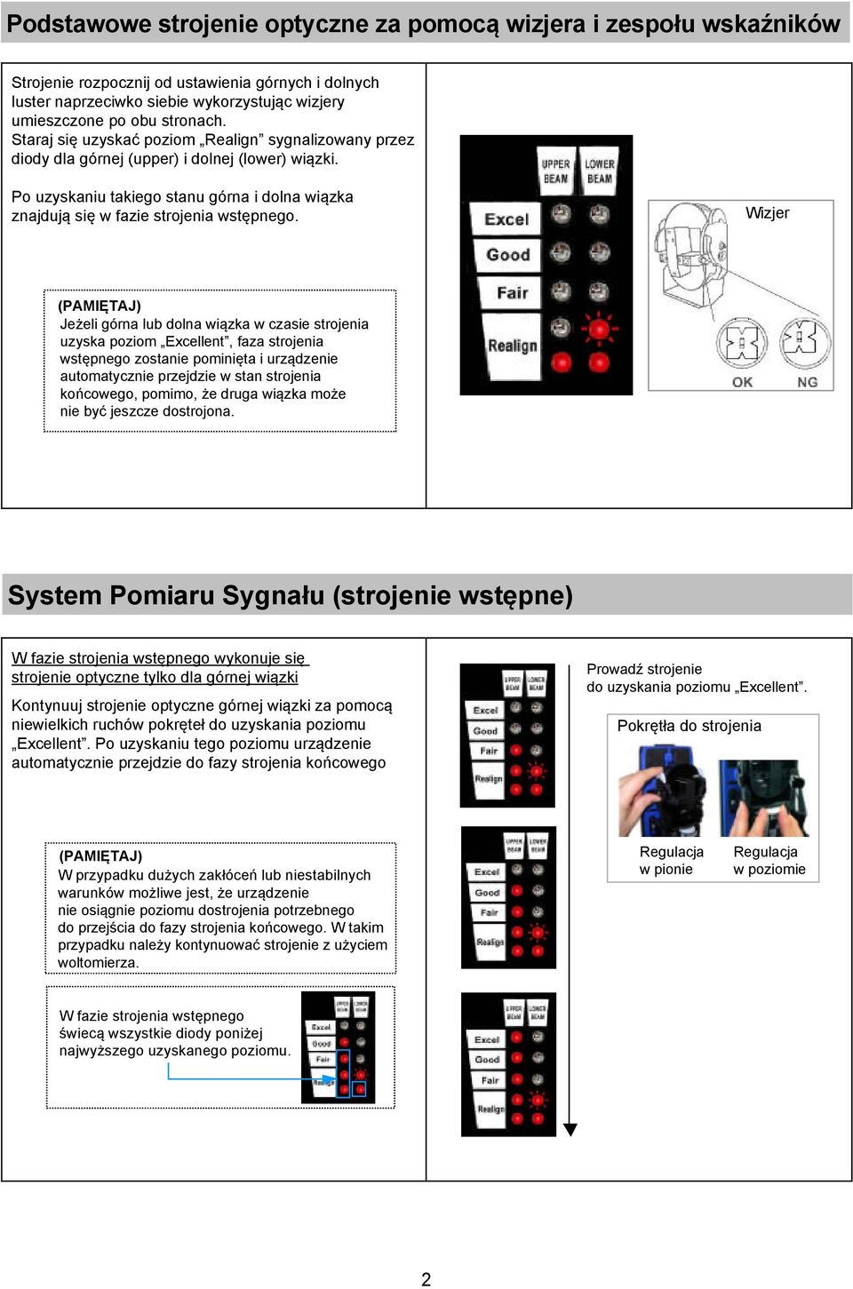 Wizjer (PAMIĘAJ) Jeżeli górna lub dolna wiązka w czasie strojenia uzyska poziom Excellent, faza strojenia wstępnego zostanie pominięta i urządzenie automatycznie przejdzie w stan strojenia końcowego,