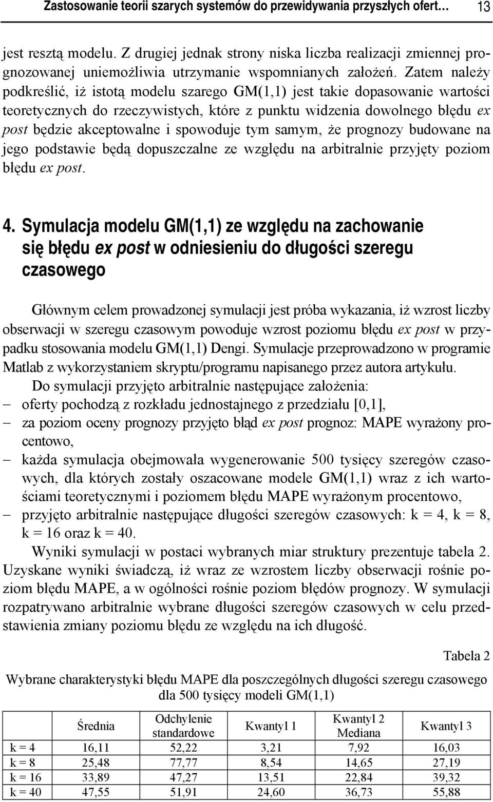 Zatem należy podkreślić, iż istotą modelu szarego GM(1,1) jest takie dopasowanie wartości teoretycznych do rzeczywistych, które z punktu widzenia dowolnego błędu ex post będzie akceptowalne i