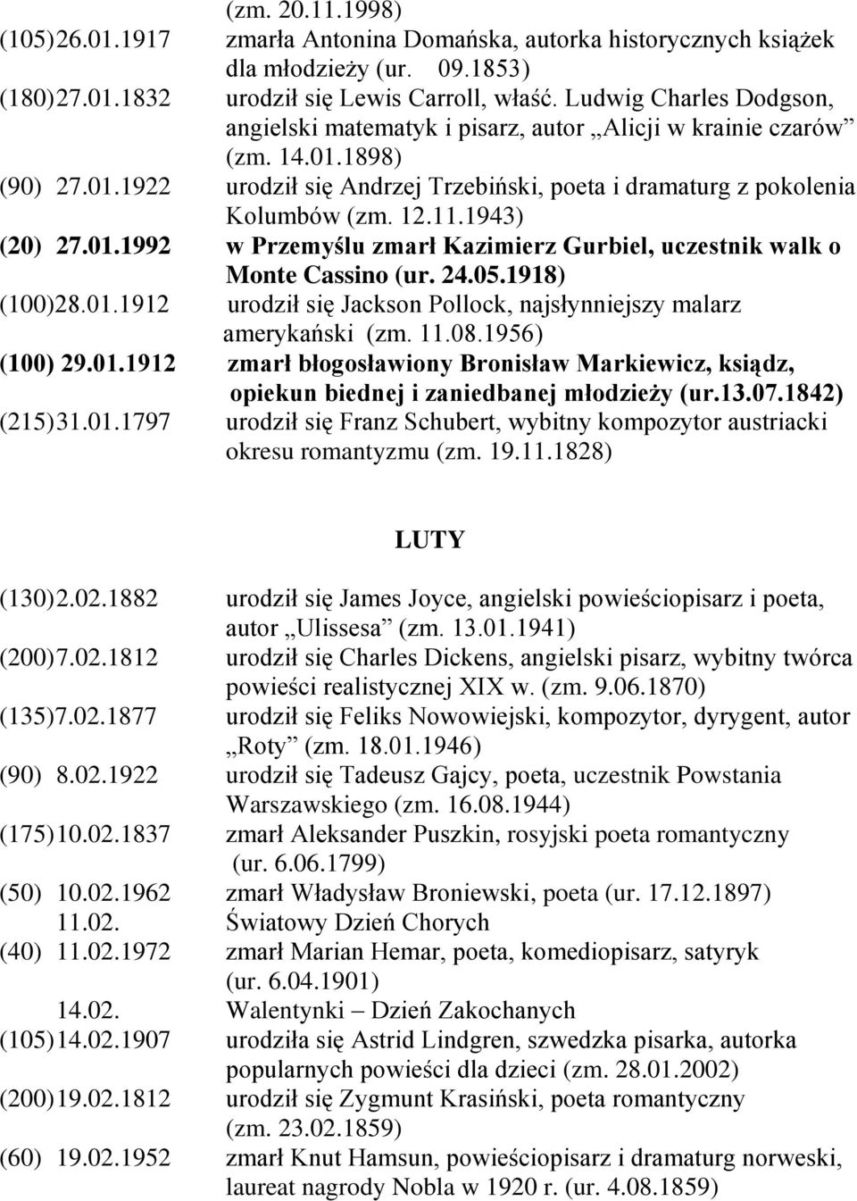 1943) (20) 27.01.1992 w Przemyślu zmarł Kazimierz Gurbiel, uczestnik walk o Monte Cassino (ur. 24.05.1918) (100)28.01.1912 urodził się Jackson Pollock, najsłynniejszy malarz amerykański (zm. 11.08.