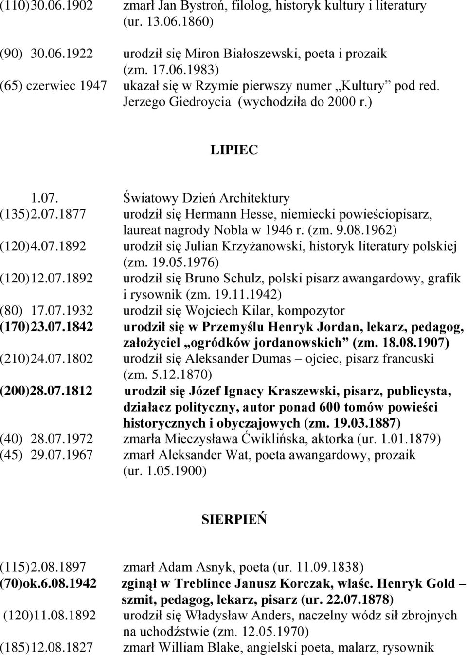 1962) (120) 4.07.1892 urodził się Julian Krzyżanowski, historyk literatury polskiej (zm. 19.05.1976) (120) 12.07.1892 urodził się Bruno Schulz, polski pisarz awangardowy, grafik i rysownik (zm. 19.11.