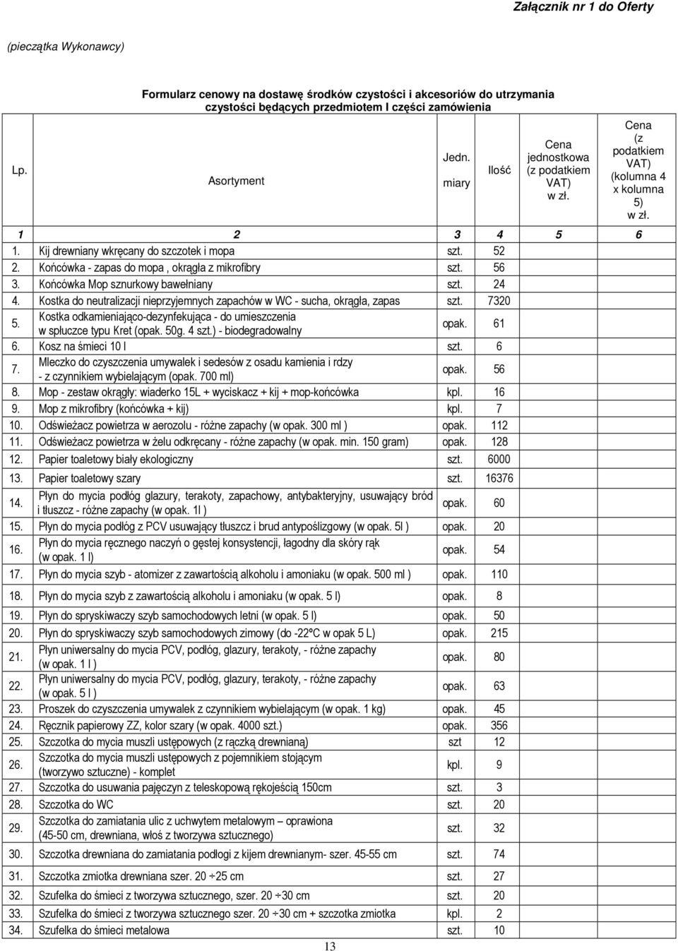 Cena (z podatkiem VAT) (kolumna 4 x kolumna 5) w zł. 1 2 3 4 5 6 1. Kij drewniany wkręcany do szczotek i mopa szt. 52 2. Końcówka - zapas do mopa, okrągła z mikrofibry szt. 56 3.