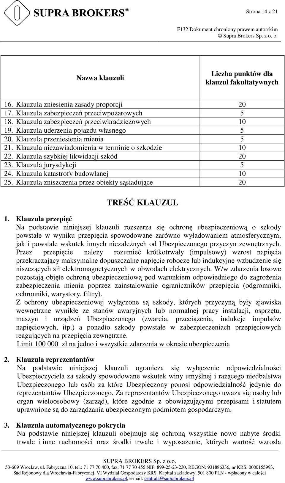 Klauzula szybkiej likwidacji szkód 20 23. Klauzula jurysdykcji 5 24. Klauzula katastrofy budowlanej 10 25. Klauzula zniszczenia przez obiekty sąsiadujące 20 TREŚĆ KLAUZUL 1.