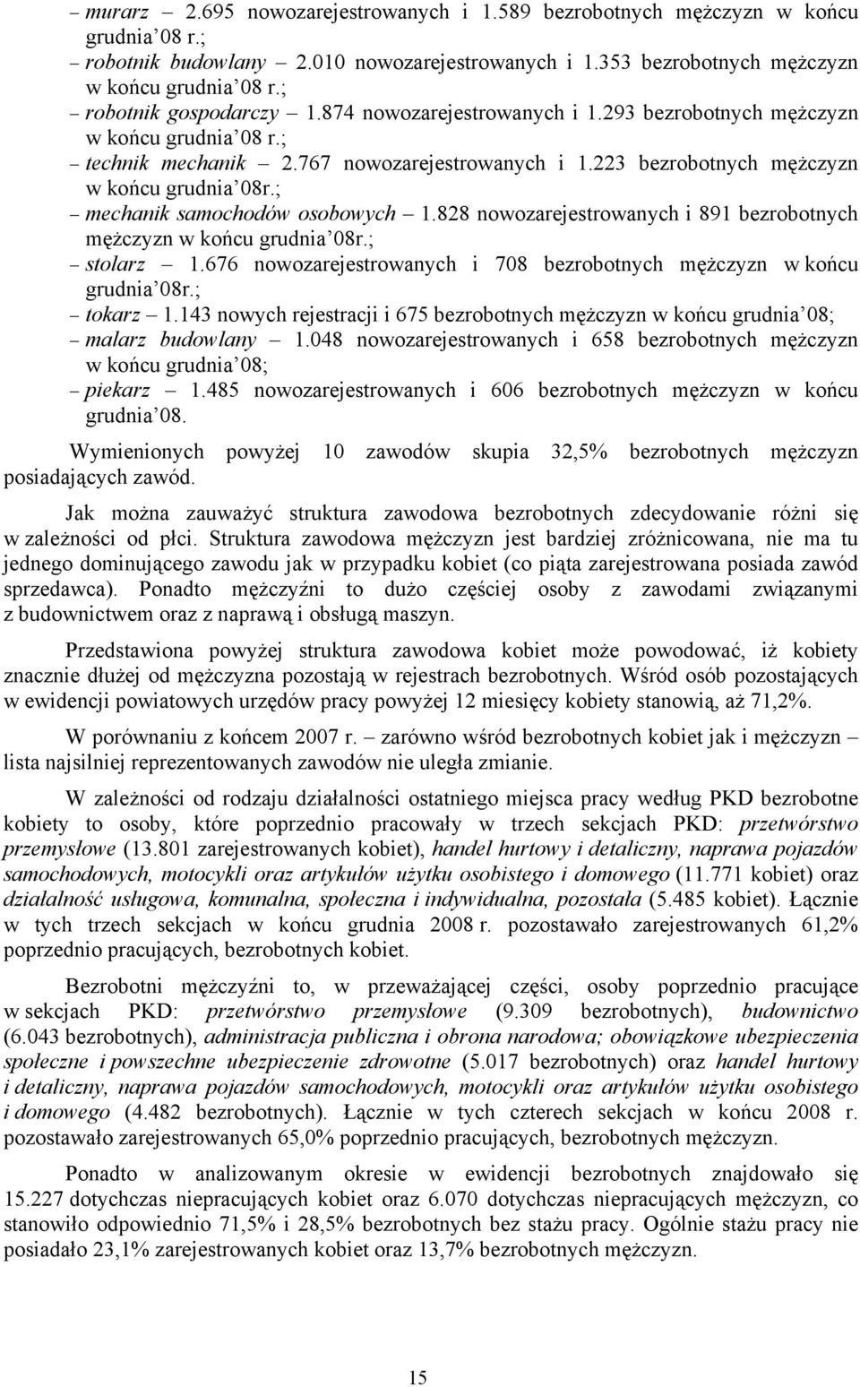 ; mechanik samochodów osobowych 1.828 nowozarejestrowanych i 891 bezrobotnych mężczyzn w końcu grudnia 08r.; stolarz 1.676 nowozarejestrowanych i 708 bezrobotnych mężczyzn w końcu grudnia 08r.