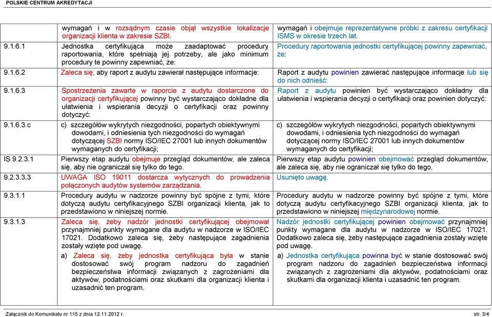 zakresu certyfikacji ISMS w okresie trzech lat. Procedury raportowania jednostki certyfikującej powinny zapewniać, że: 9.1.6.