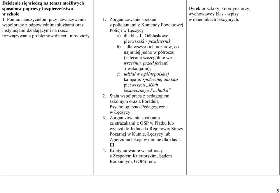 Zorganizowanie spotkań z policjantami z Komendy Powiatowej Policji w Łęczycy a) dla klas I Odblaskowe pierwszaki - październik b) - dla wszystkich uczniów, co najmniej jedno w półroczu (zalecane