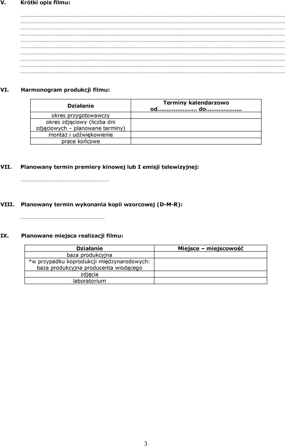 udźwiękowienie prace końcowe Terminy kalendarzowo od. do.. VII. Planowany termin premiery kinowej lub I emisji telewizyjnej: VIII.