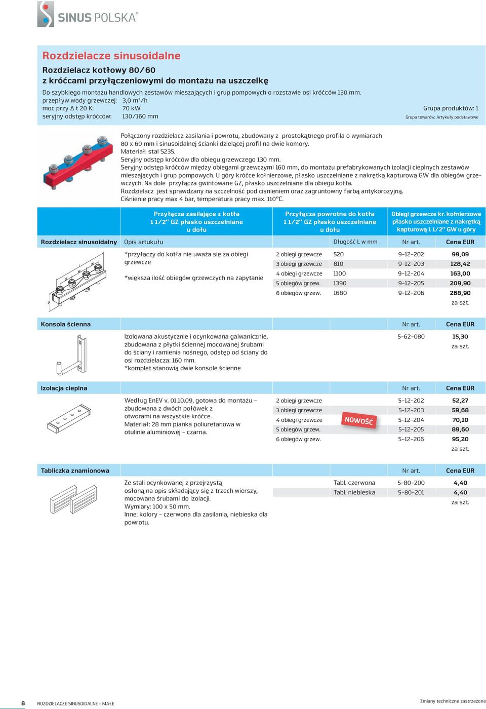 przepływ wody grzewczej: 3,0 m 3 /h moc przy Δ t 20 K: 70 kw seryjny odstęp króćców: 130/160 mm Grupa produktów: 1 Grupa towarów: Artykuły podstawowe połączony rozdzielacz zasilania i powrotu,