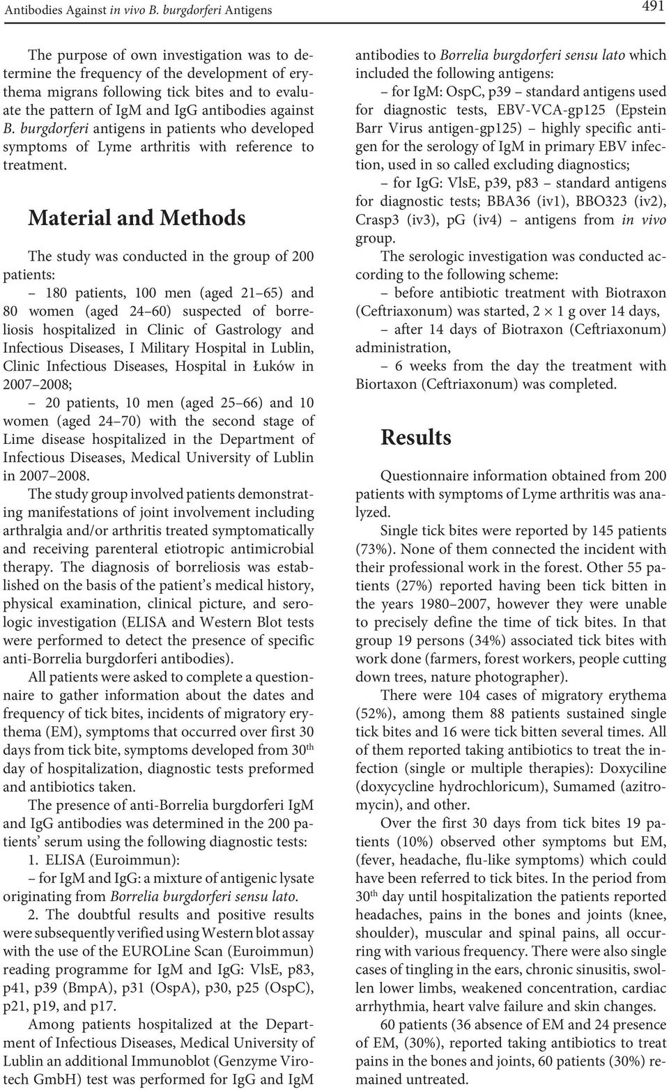 antibodies against B. burgdorferi antigens in patients who developed symptoms of Lyme arthritis with reference to treatment.