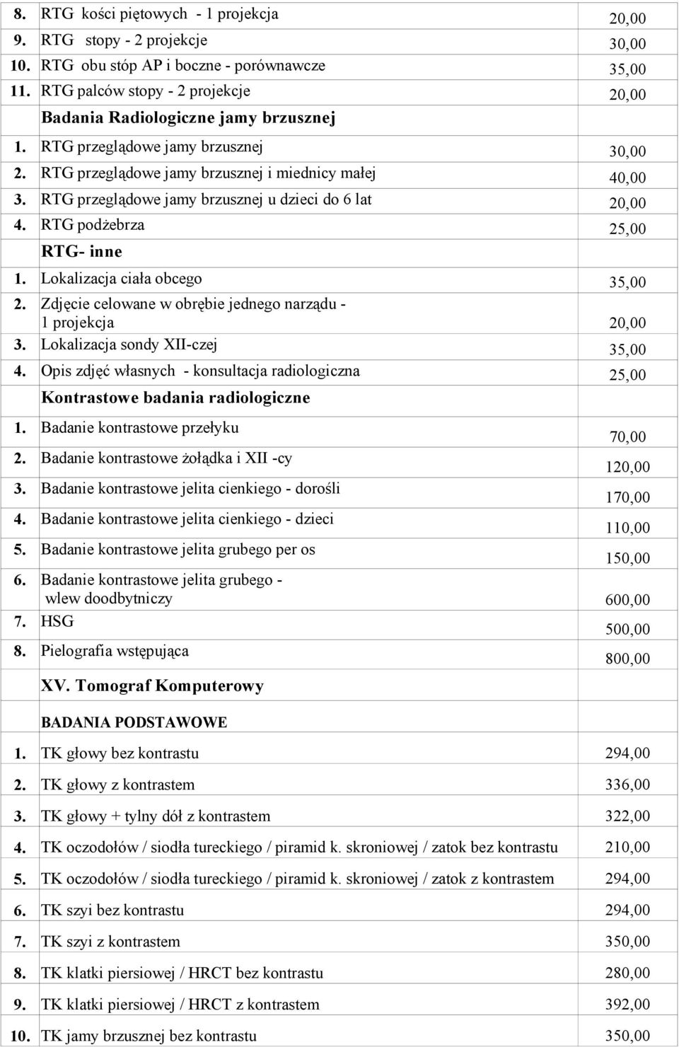 Lokalizacja ciała obcego 35,00 2. Zdjęcie celowane w obrębie jednego narządu - 1 projekcja 3. Lokalizacja sondy XII-czej 35,00 4.