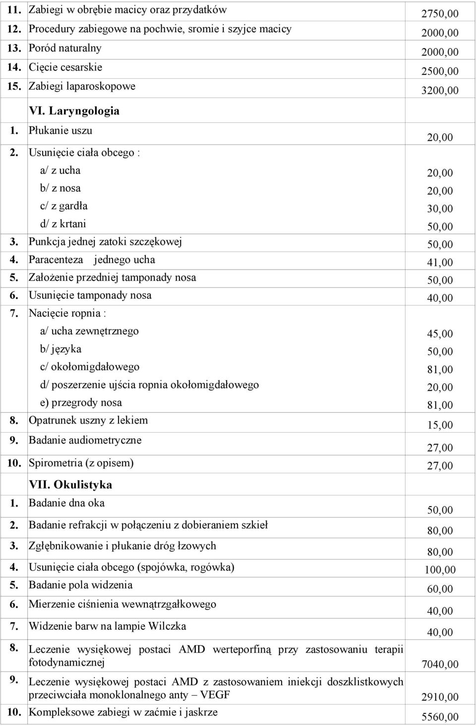 Paracenteza jednego ucha 41,00 5. Założenie przedniej tamponady nosa 6. Usunięcie tamponady nosa 7. Nacięcie ropnia : a/ ucha zewnętrznego b/ języka 81,00 e) przegrody nosa 81,00 8.