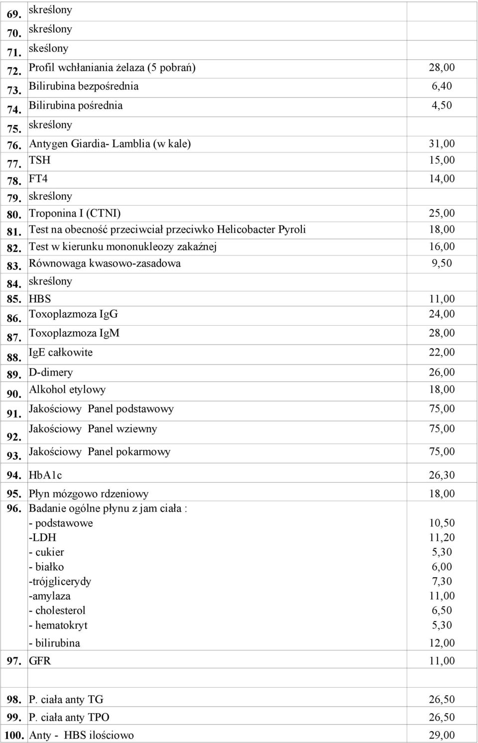 Test w kierunku mononukleozy zakaźnej 16,00 83. Równowaga kwasowo-zasadowa 9,50 84. skreślony 85. HBS 11,00 86. Toxoplazmoza IgG 24,00 87. Toxoplazmoza IgM 28,00 88. IgE całkowite 22,00 89.