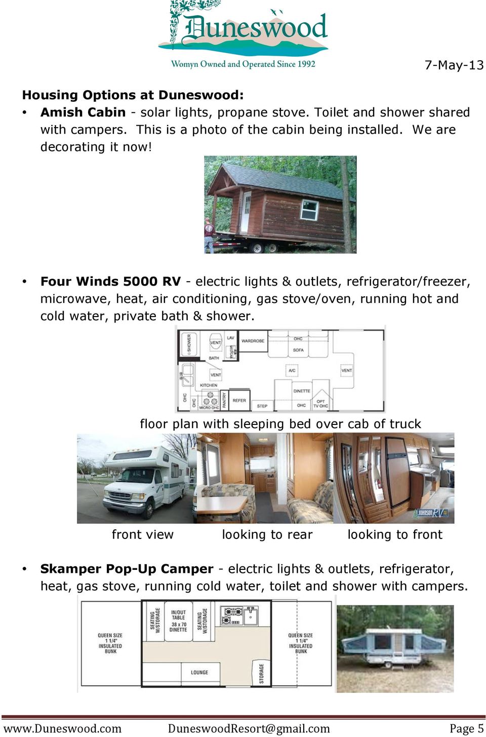 Four Winds 5000 RV - electric lights & outlets, refrigerator/freezer, microwave, heat, air conditioning, gas stove/oven, running hot and cold water, private