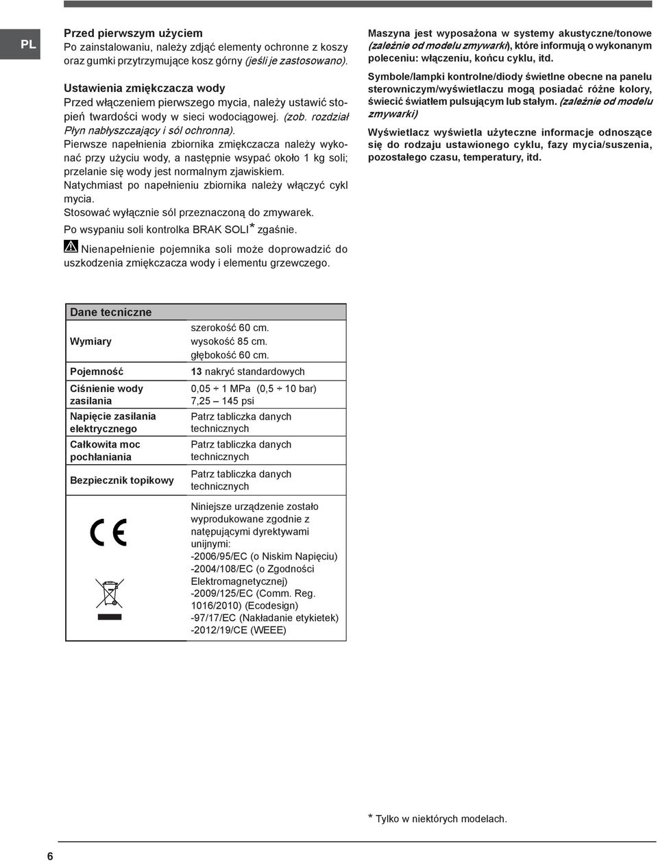 Pierwsze napełnienia zbiornika zmiękczacza należy wykonać przy użyciu wody, a następnie wsypać około 1 kg soli; przelanie się wody jest normalnym zjawiskiem.