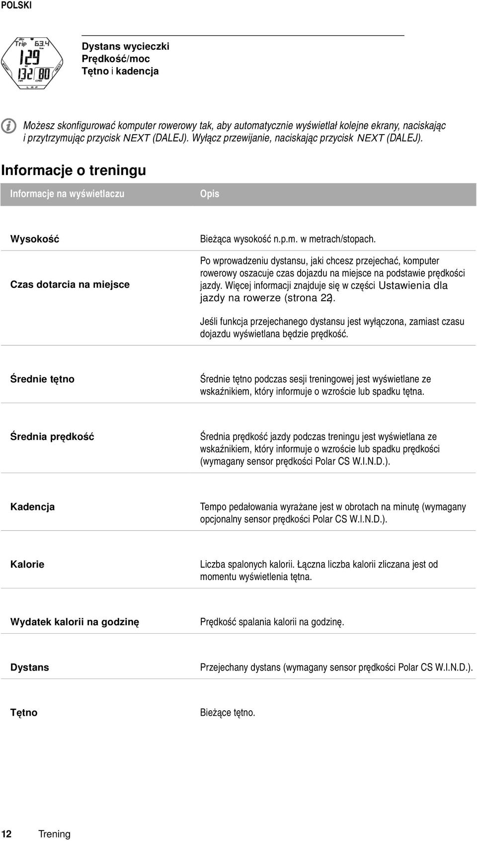 Czas dotarcia na miejsce Po wprowadzeniu dystansu, jaki chcesz przejechać, komputer rowerowy oszacuje czas dojazdu na miejsce na podstawie prędkości jazdy.